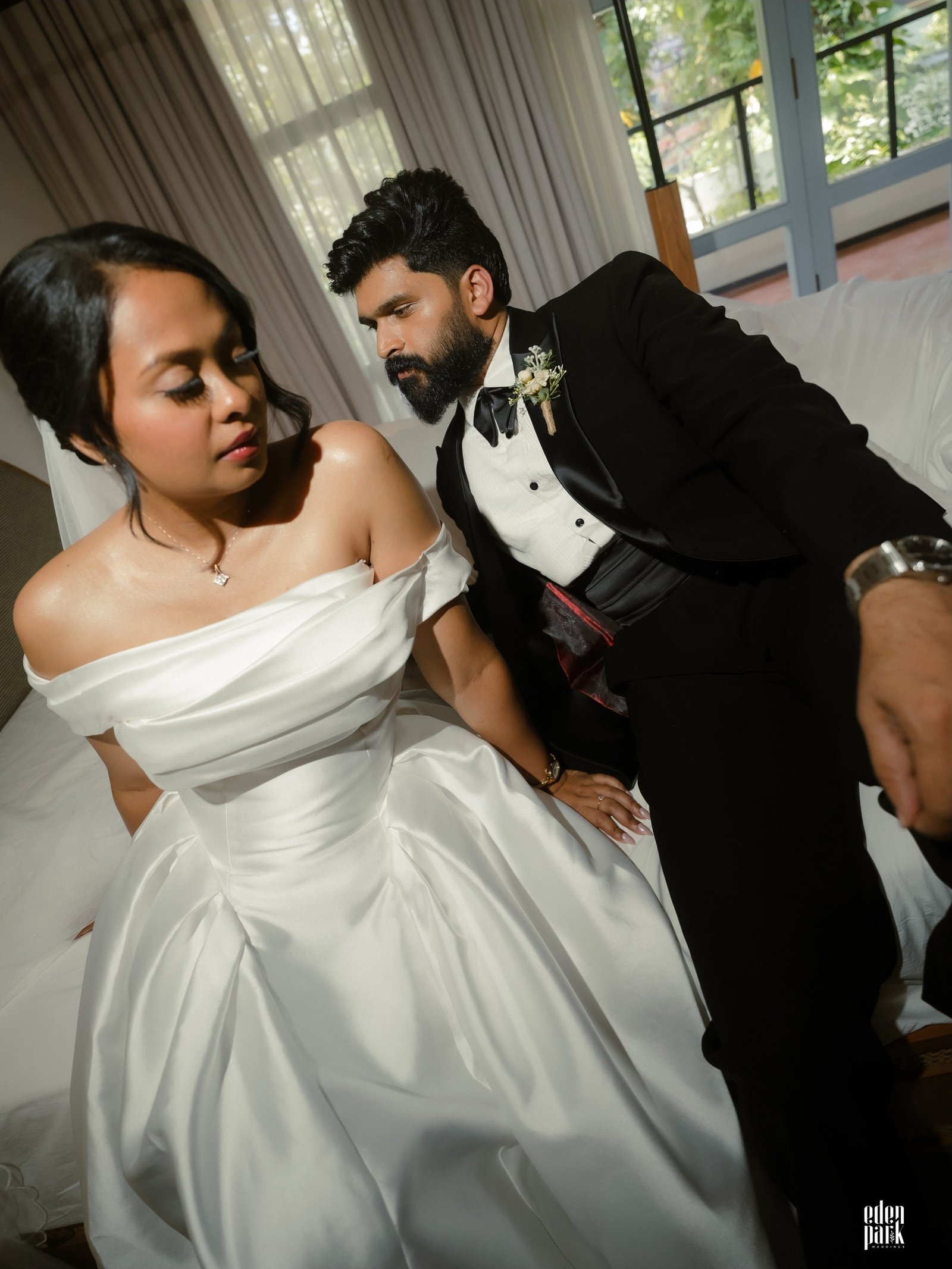 A bride and groom sharing a quiet moment